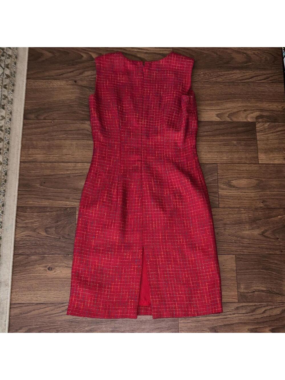 Red Colorful Tweed Plaid Sleeveless Dress Jacket Set Teacher Preppy - Picture 6 of 13